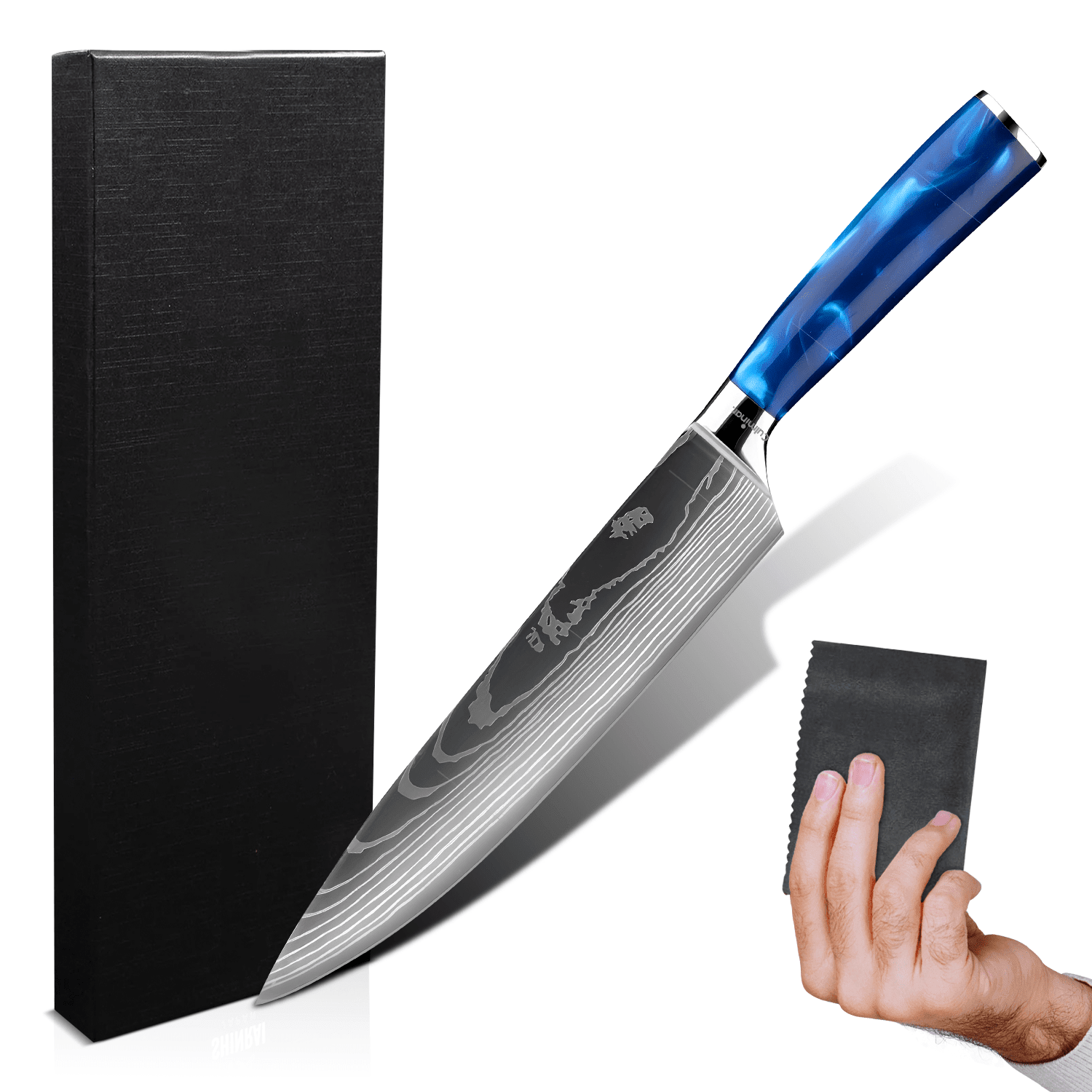 High-quality Japanese chef's knife featuring a stunning Damascus print, crafted from premium German carbon steel, with an eye-catching sapphire blue design. 0
